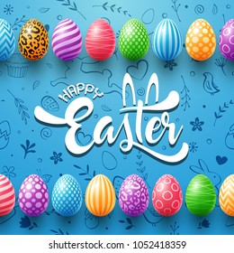 Collection of colorful eggs easter on cute doodle background