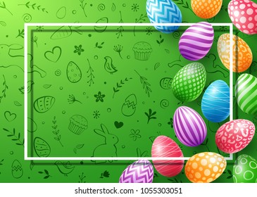 Collection of colorful eggs with frame empty for text on cute doodle background