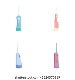 Collection of colorful electric toothbrushes, depicting individual dental care devices in a clean, minimalist style