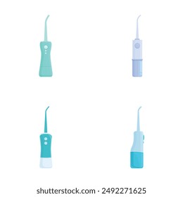 Collection of colorful electric water flossers for dental hygiene isolated on a white background