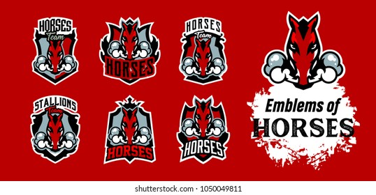 A collection of colorful emblems, logos, horse stickers releasing steam from nostrils. Red Stallion, fastest animal, racing, shield lettering. Vector illustration