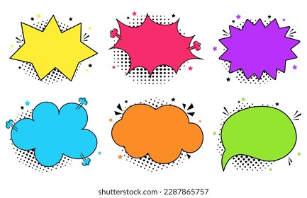Colección colorida de burbujas huecas de discurso humorístico con sombras de medio tono. Pegatinas de dibujos retro dibujadas a mano. Estilo de arte pop. Ilustración del vector