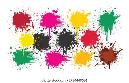 Collection of colorful explosion paint splashes. Vector graphic design. Isolated on transparent backdrop. Artistic artwork illustration.