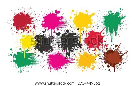 Collection of colorful explosion paint splashes. Vector graphic design. Isolated on transparent backdrop. Artistic artwork illustration.