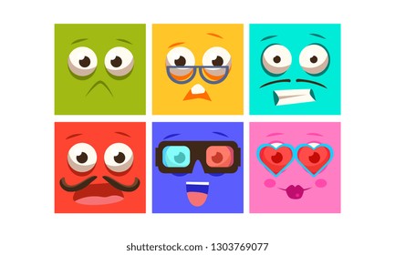 Collection of colorful faces with different emotions, funny square emoji vector Illustration