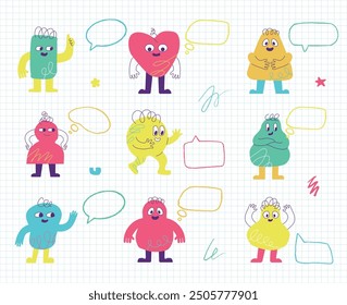 A collection of colorful fancy characters surrounded by bubbles and doodles. Elements for children's design.