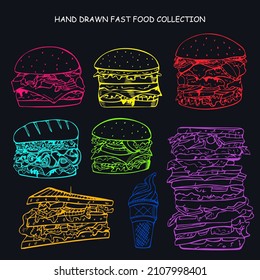 
Collection of colorful fast food icons in doodle style. Hand drawn vector illustration - bright neon design