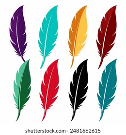 A collection of colorful feathers against a plain white backdrop