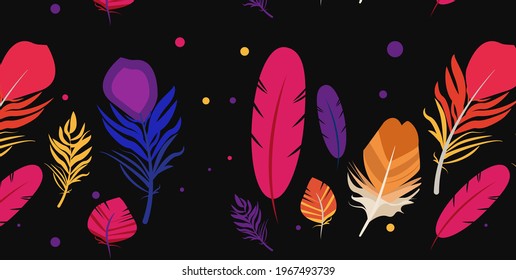 Collection of colorful feathers on dark background. Editable vector illustraton for flyer, banner, web site, social media post.