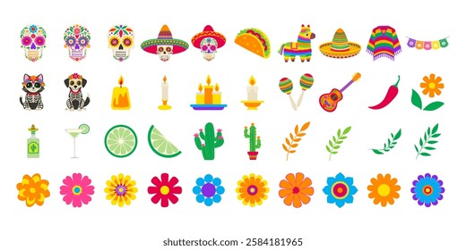 A collection of colorful and festive icons, including skulls, candles, cacti, and flowers