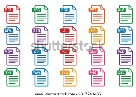 A collection of colorful file format icons representing various common digital file extensions arranged in a grid pattern.