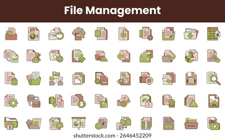 Uma coleção de ícones coloridos de gerenciamento de arquivos retratados em um estilo moderno, adequado para design de interface digital e ferramentas organizacionais.