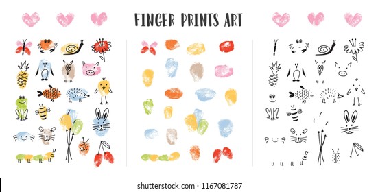 Collection of colorful fingerprints decorated by adorable animal’s faces isolated on white background. Bundle of art design elements for children. Childish colorful hand drawn vector illustration.