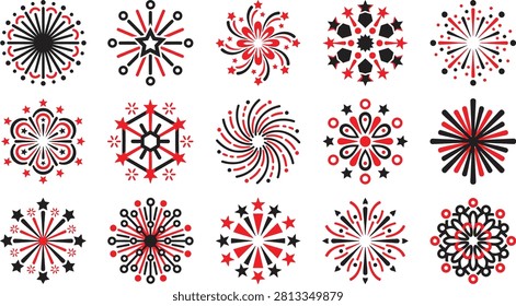 Collection of colorful firework explosions and starbursts vector icons isolated on transparent background