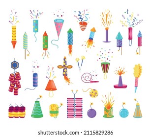 Collection of colorful fireworks in flat style.