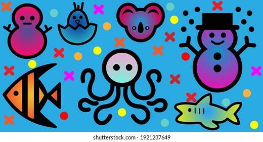 Collection of colorful fish, squid, koala, duck, and snowman icon vector illustration. Animal patterns for children can be used for backgrounds, banners, posters, and color books.