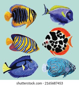 Collection of Colorful fish in water color,vector illustration