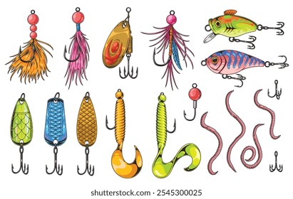 Uma coleção de iscas de pesca coloridas com diferentes desenhos e ganchos dispostos ordenadamente em um fundo branco. A variedade inclui colheres, gabaritos e iscas de natação para pescadores.