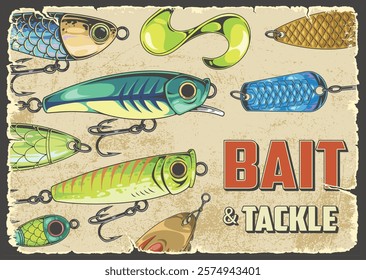 A collection of colorful fishing lures and tackle is arranged on a textured background. Different shapes and colors highlight their designs for attracting fish while fishing.