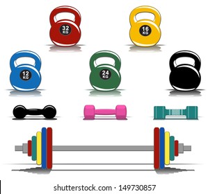 Collection of colorful fitness equipment: kettlebells (girya), dumbbells, barbell. Vector illustration.