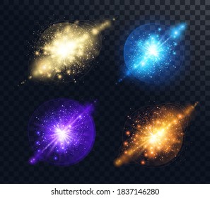 Collection of colorful flashes with shiny star dust particles. Magical explosions, glow light effect on transparent background. Star burst with beams and sparkles. Vector illustration.