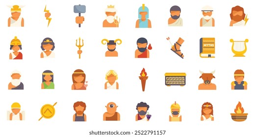 Collection of colorful flat design icons representing famous figures and objects from greek mythology