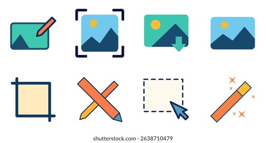 A collection of colorful flat design icons representing various image editing tools, such as crop, select, draw, enhance, and download functions