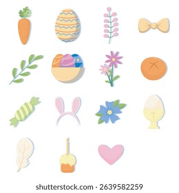 Collection of colorful flat design icons depicting various Easter-themed items, including eggs, flowers, candy, a carrot, a basket, bunny ears, a bow tie, bread, a cupcake, a heart, a feather, 