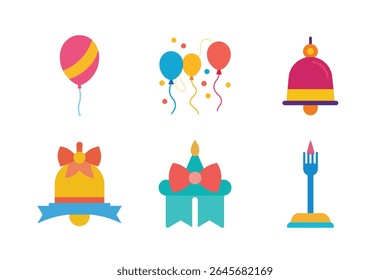 A collection of colorful, flat design icons featuring balloons, bells, and party hats, perfect for celebrating special events.