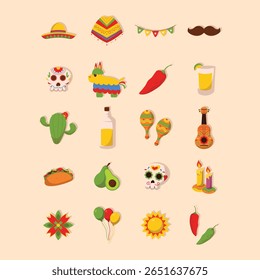 Collection of colorful flat design icons representing various aspects of Mexican culture and traditions.  The icons include sombrero, poncho, pi