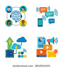 A collection of colorful flat design icons illustrating global networking mobile messaging cloud data storage and digital marketing tools for modern technology concepts.