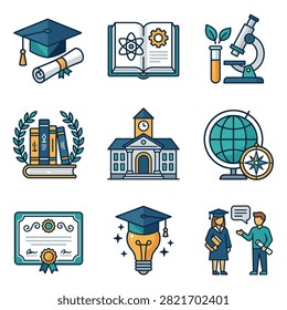 A collection of colorful flat design icons representing education, academic subjects, and school related concepts.