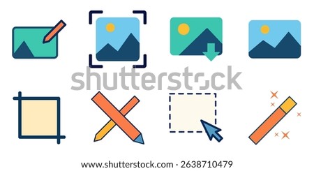 A collection of colorful flat design icons representing various image editing tools, such as crop, select, draw, enhance, and download functions