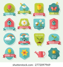 A collection of colorful flat design stickers and badges featuring spring elements like flowers, birds, butterflies, rainbows, and gardening tools for seasonal sales.