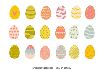 collection of colorful flat Easter eggs adorned patterns. set for spring holiday decorations. isolated vector icons are presented against white background, vibrant assortment of festive eggs.