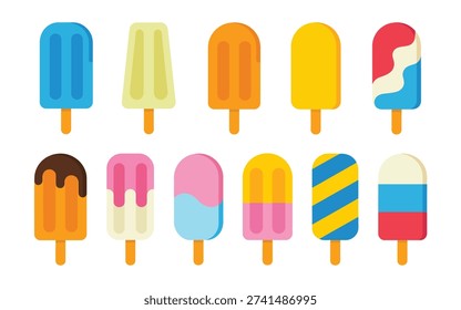 Collection of colorful flat ice popsicles with various flavors and patterns cream
