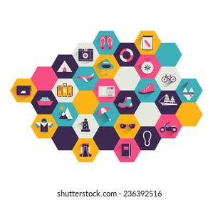 Collection of colorful flat icon. Set of holiday and traveling shapes. 