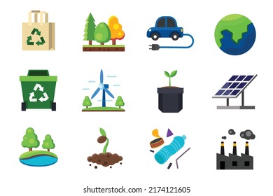 Collection of colorful flat icon vector, environment protection concept vector illustration isolated on white background, forest, recycle bag, eco car, earth, solar cell panel, factory, trash, plant.