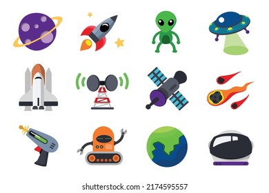 Collection Of Colorful Flat Icon Vector, Space Concept Vector Illustration Isolated On White Background, Planet, Rocket, Spaceship, Alien, Satellite, Robot, Globe, Astronaut Helmet Etc.