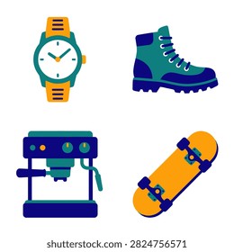 A collection of colorful flat icons featuring various lifestyle objects