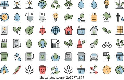 Collection of colorful flat icons representing environmental sustainability and green energy