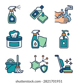 A collection of colorful flat icons representing cleaning products, hygiene supplies, and sanitization equipment for maintenance and health.