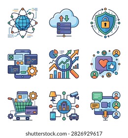 A collection of colorful flat icons representing cloud computing, data security, mobile development, market analysis, social media, e-commerce, smart home, and video conferencing.