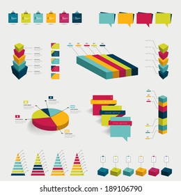 Collection of colorful flat infographic elements. Colorful 3 D pie charts, speech bubbles, diagrams. Business vector shapes.