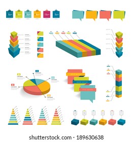 Collection of colorful flat infographic elements. Colorful 3 D pie charts, speech bubbles, diagrams. Business vector shapes. 