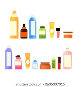 A collection of colorful flat style cosmetic containers including skincare bottles