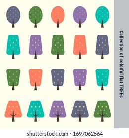 Colección de árboles planos coloridos diferentes formas creadas para Web, Documento, Tarjeta de saludo, infografía, animación 2d y otra superficie de decoración. Hermoso árbol que puede ser usado en muchos propósitos.
