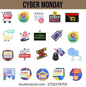 Una colección de iconos de vectores planos de colores que representan las ventas de Cyber Monday, compras en línea y descuentos digitales. Los iconos incluyen Carritos de compras, recordatorios de calendario, etiquetas de Precio, pantallas de computadora, mano