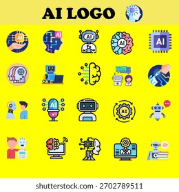 Una colección de coloridos iconos vectoriales planos que representan la Inteligencia Artificial (IA), el aprendizaje automático, la robótica, la tecnología futurista y los conceptos de interacción hombre-máquina.
