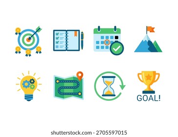 Una colección de coloridos iconos vectoriales planos que representan el éxito empresarial y la productividad.